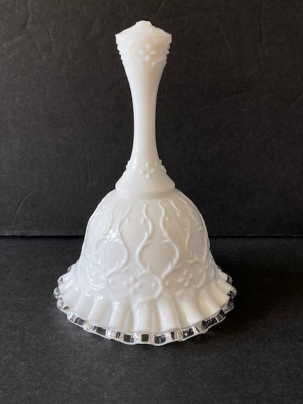 Vintage Fenton Spanish Lace Silver Crest Milk Glass Bell 6”